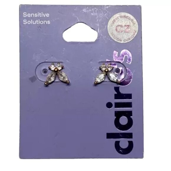 Claire's Sensitive Solutions Cubic Zirconia Stud Earrings Set Floral Leaf Design - Picture 1 of 8
